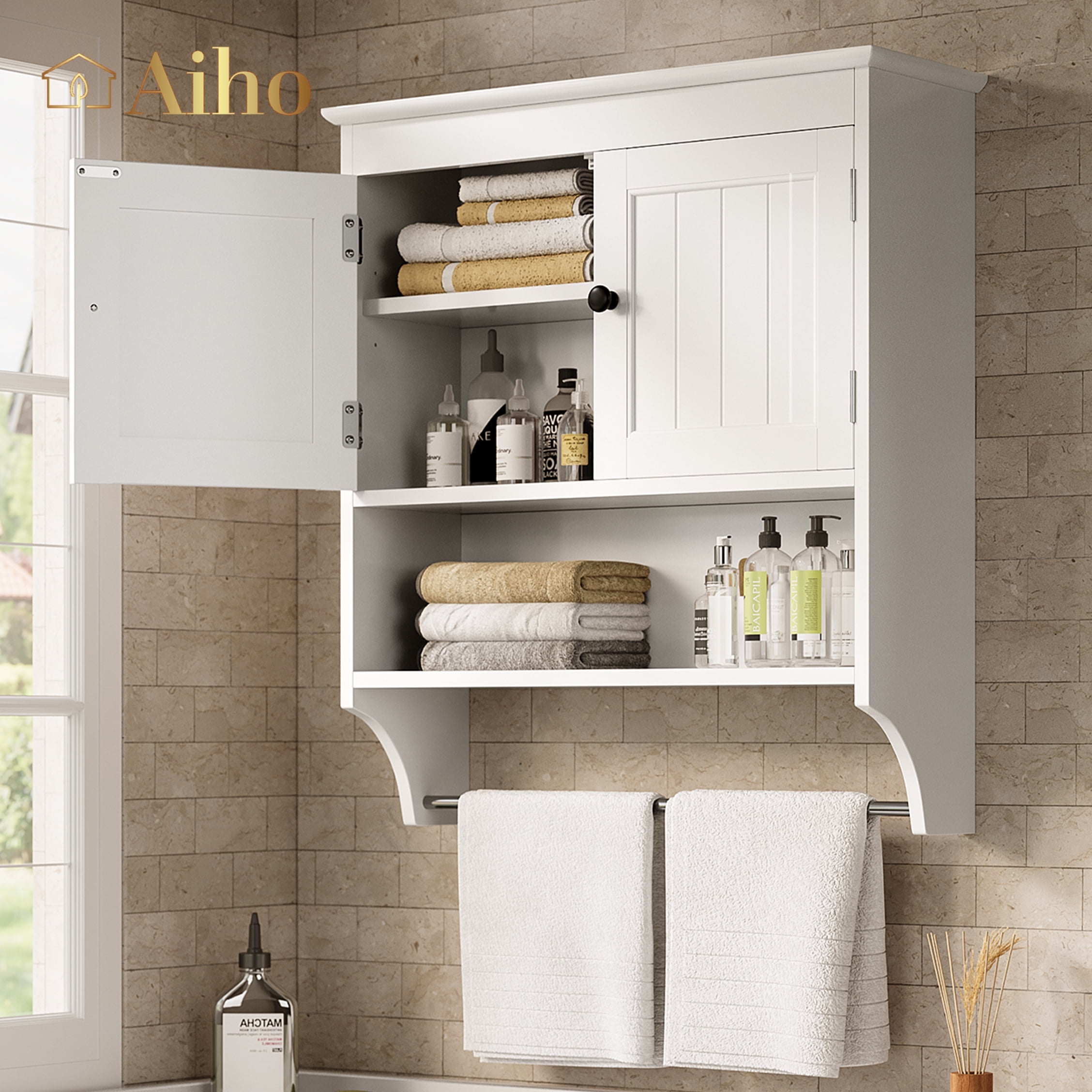 Aiho Medicine Cabinet Bathroom Organizer, Double Door Wall Mounted Storage Mirror Cabinet with Adjustable Shelves - White